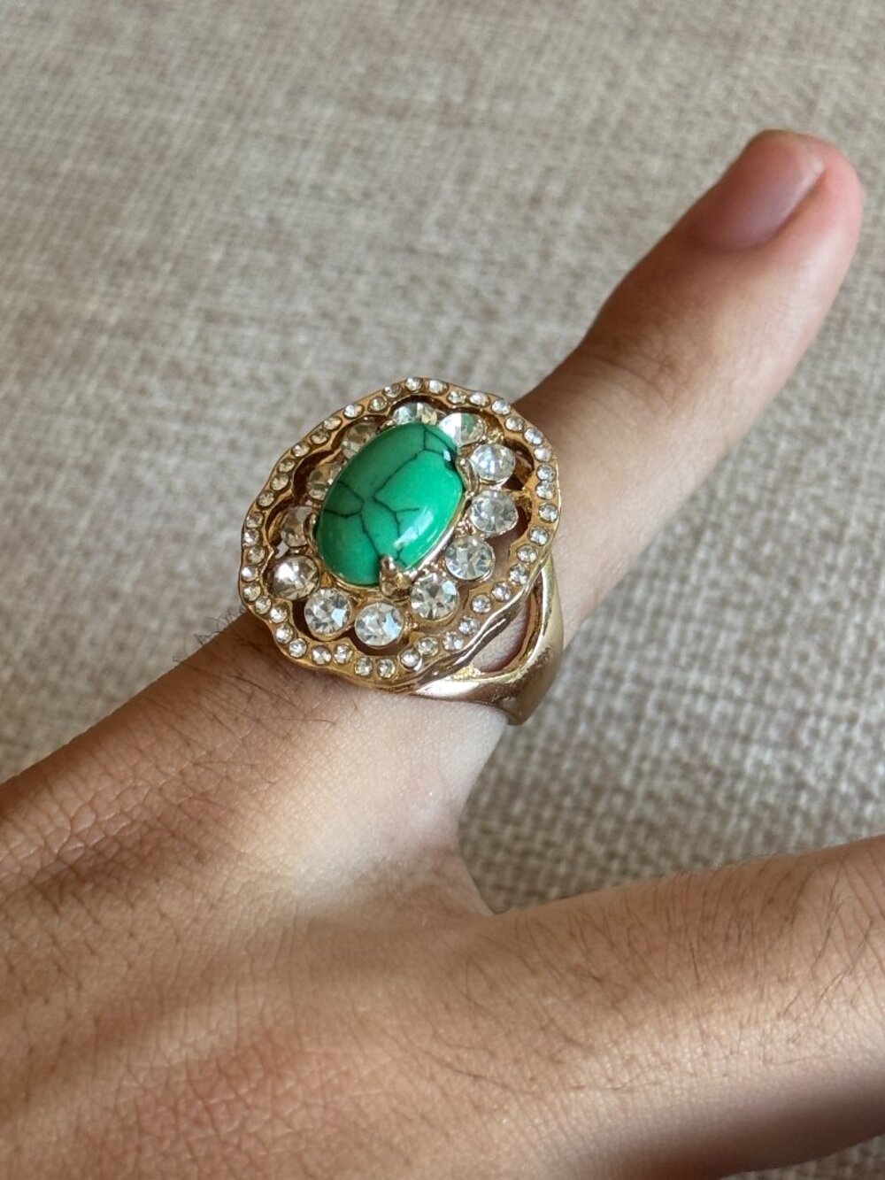 Green Oval Stone Crystal Halo Gold Ring